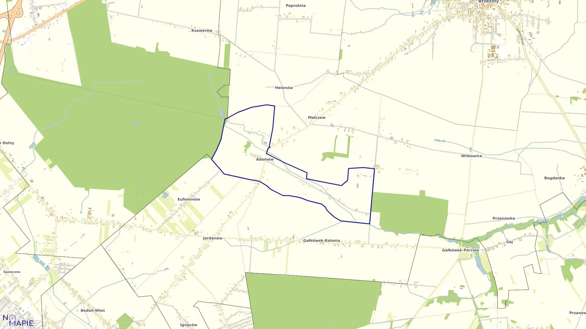 Mapa obrębu ADAMÓW w gminie Brzeziny