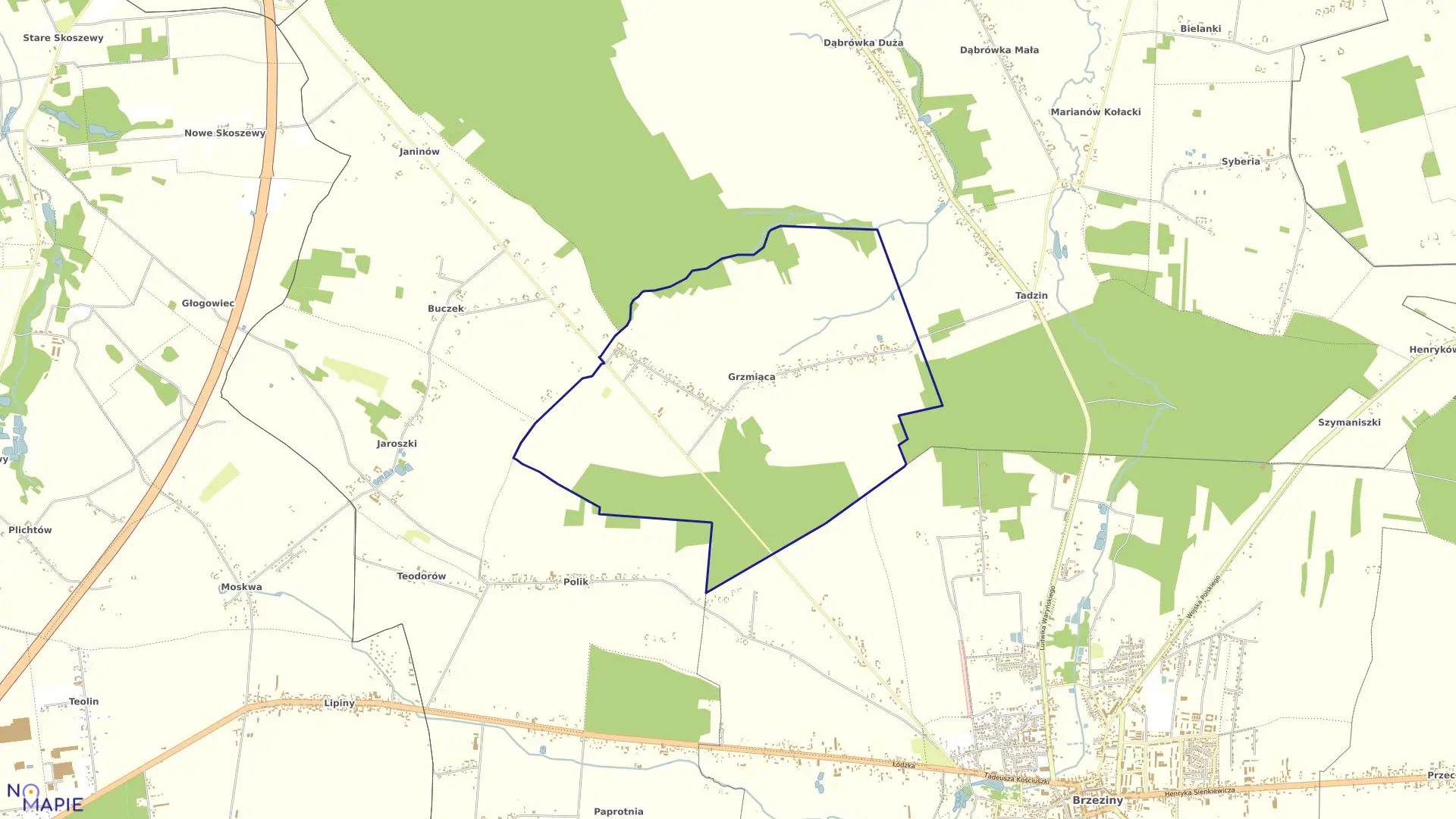 Mapa obrębu GRZMIĄCA w gminie Brzeziny